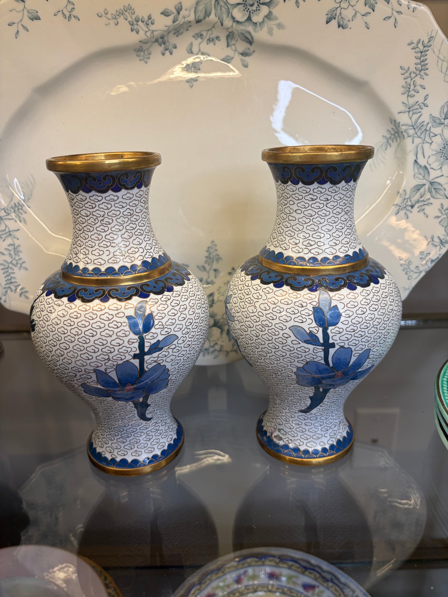 Beautiful cloisonné blue and white floral vases pair!