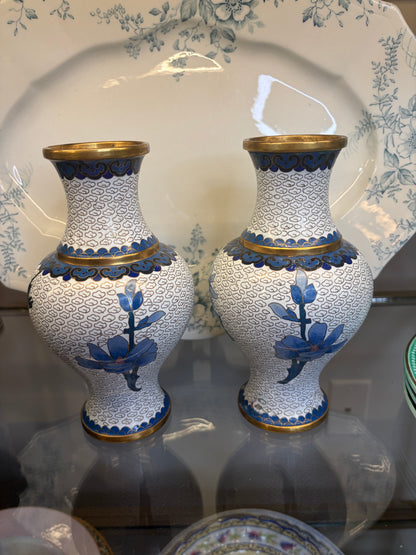 Beautiful cloisonné blue and white floral vases pair!