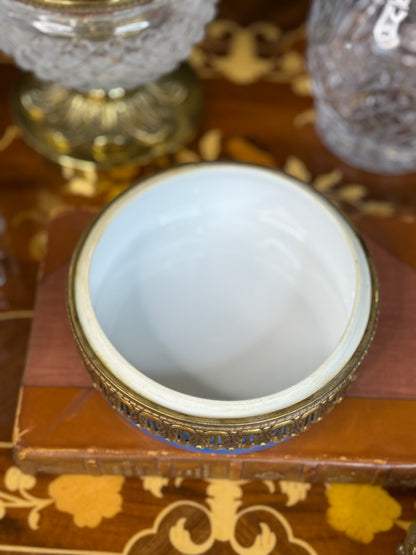Antique German Porcelain Vanity Box with Gilt Ormolu & Floral Lid | 6”D