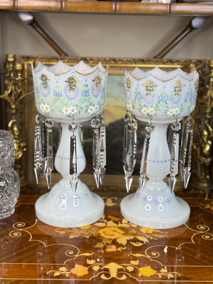 Pair of Antique Bristol Glass Lustres with Hand-Painted Florals & Crystal Prisms | 13.5” Tall #B001