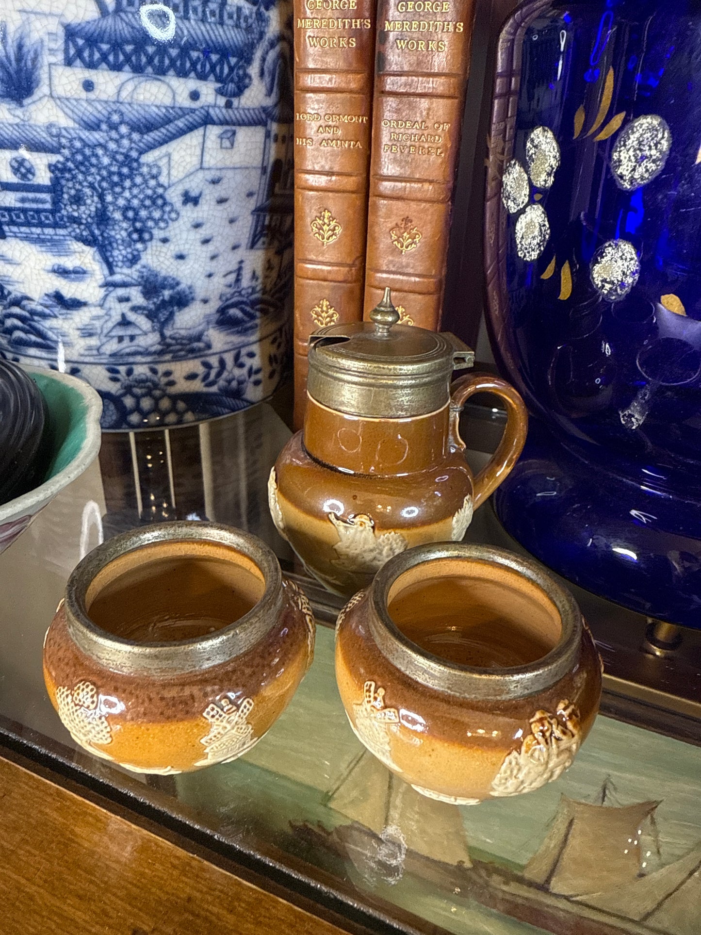 Antique Doulton Lambeth Stoneware Condiment Set – Mustard Pot and Salts, c.1890, Stapled