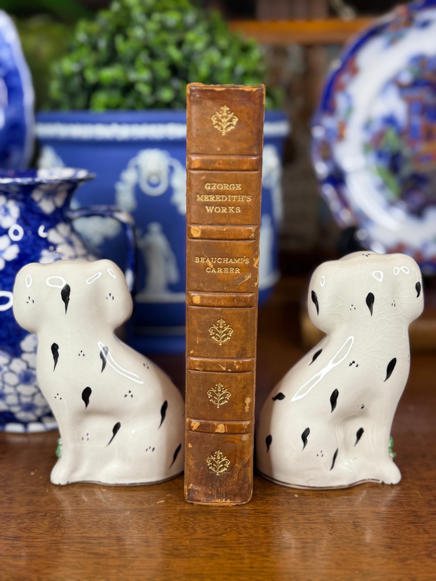 Pair of Kent Staffordshire Ware Dalmatian Dog Figures | Black, White, Green & Gilt | Mid-20th Century | 4.5” H × 3” W × 2” D Each