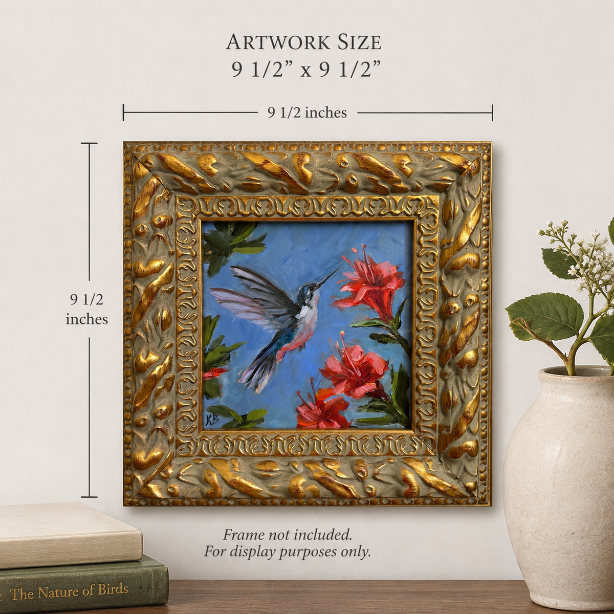 Hummingbird and red flowers original oil painting framed in wooden gold frame 9.5x9.5”