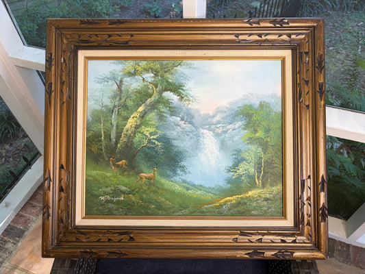Gorgeous original framed art of deer at waterfall signed by R. Danford!