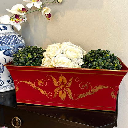 Festive Vintage Red double Lion Head handle tole Planter centerpiece