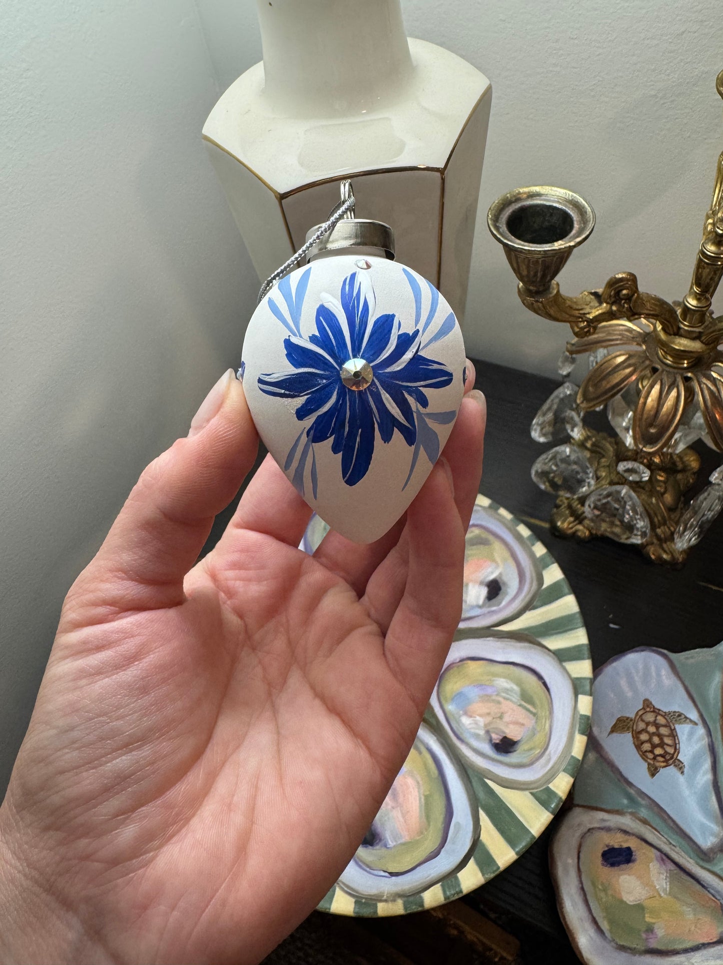Reserved beautiful hand painted porcelain ornament white blue