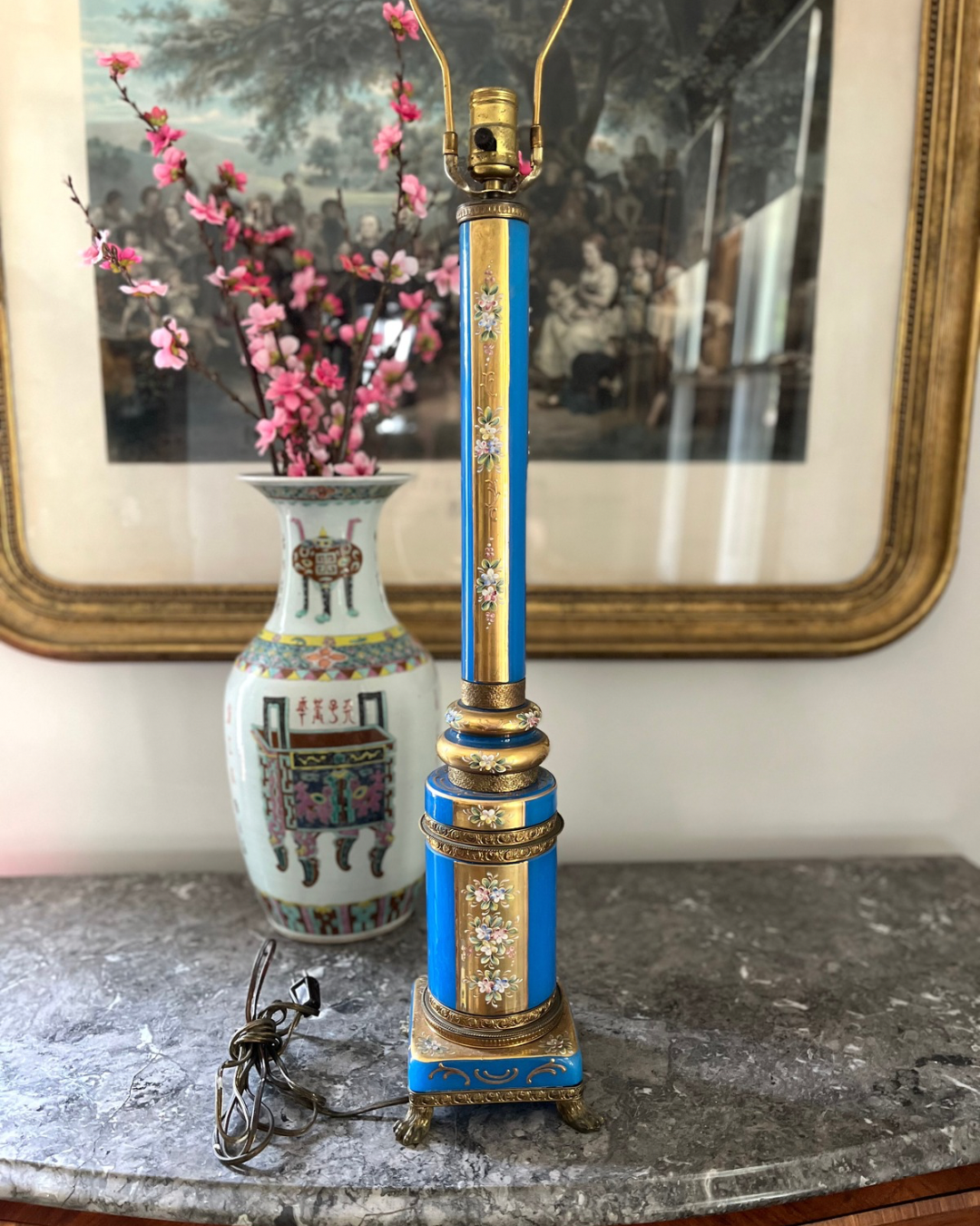 French Opaline & Bronze Column Lamp | Hand-Painted Enamel Florals Circa 1890-1920