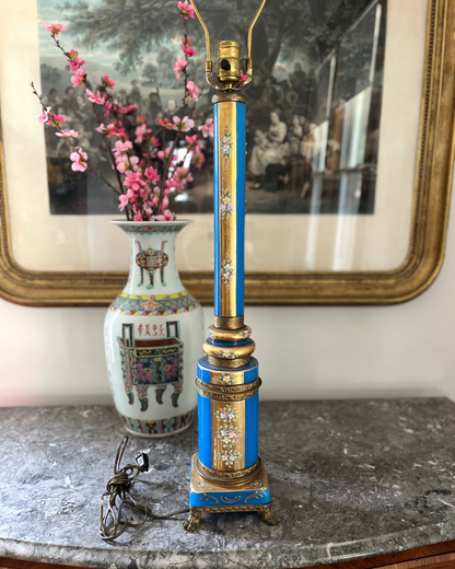 French Opaline & Bronze Column Lamp | Hand-Painted Enamel Florals Circa 1890-1920
