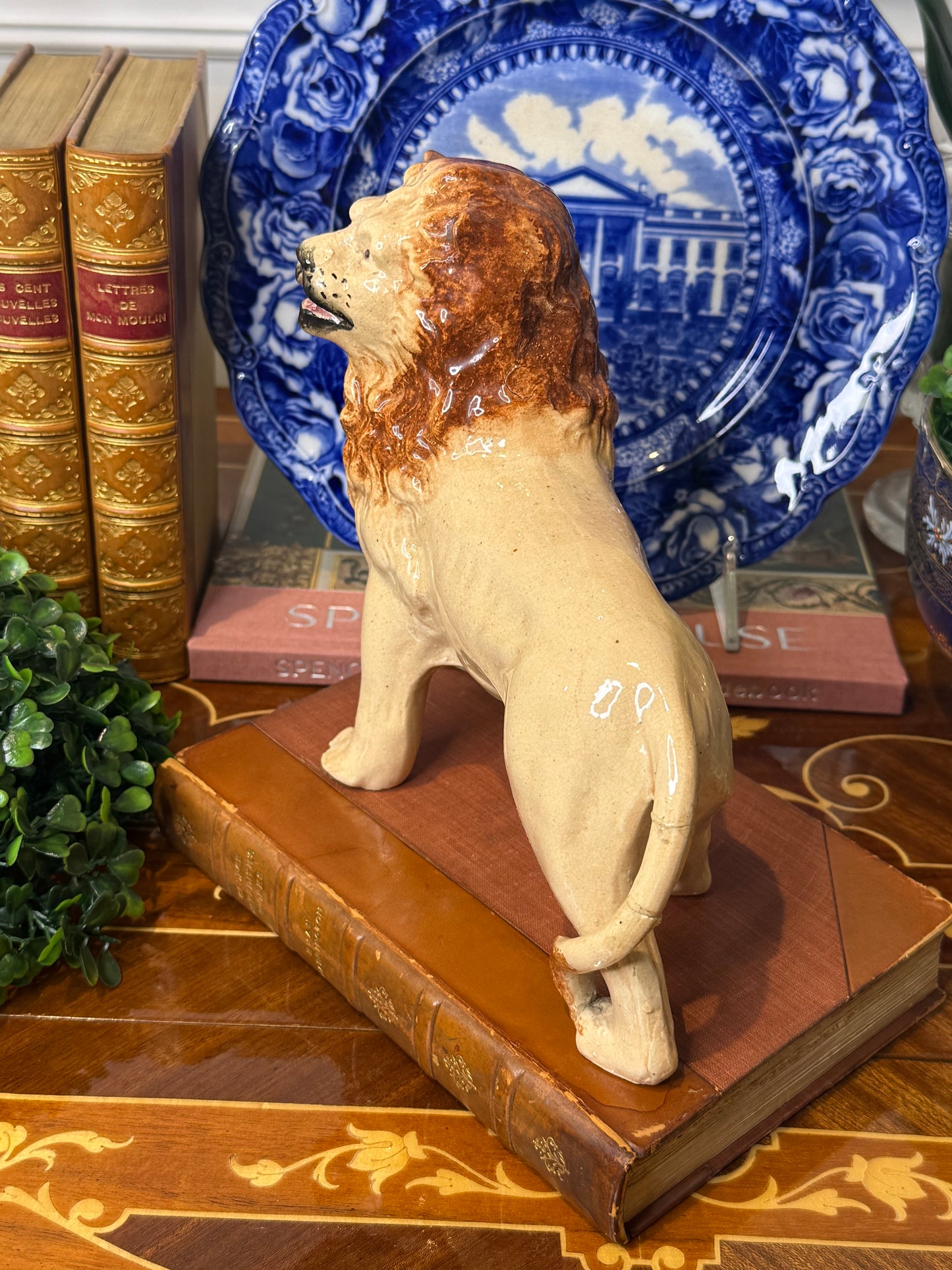 RESERVED - LION - Antique Staffordshire Lion Figure | English Pottery Mantel Ornament | 9” Wide