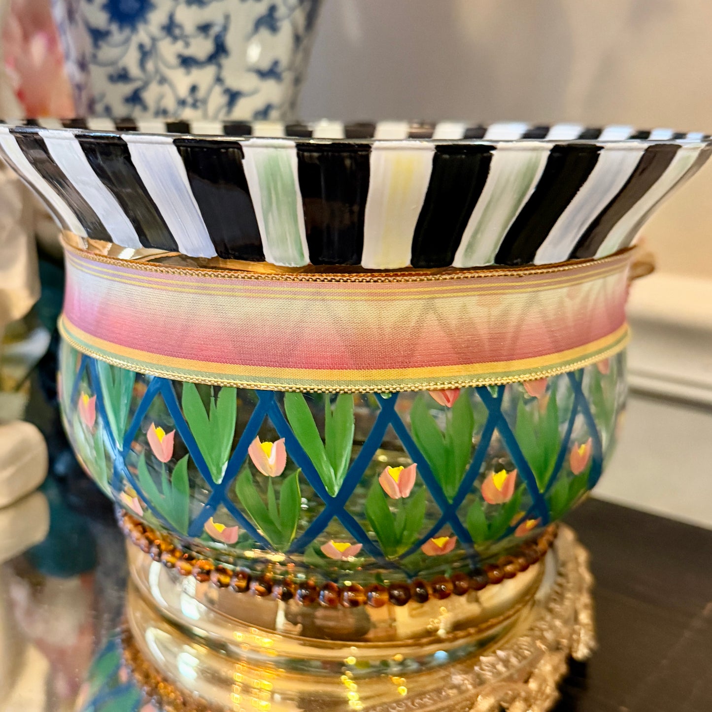 Vintage Painted glass faux MacKenzie-Childs Inspired black/white botanical  painted vase 8 x 5.5