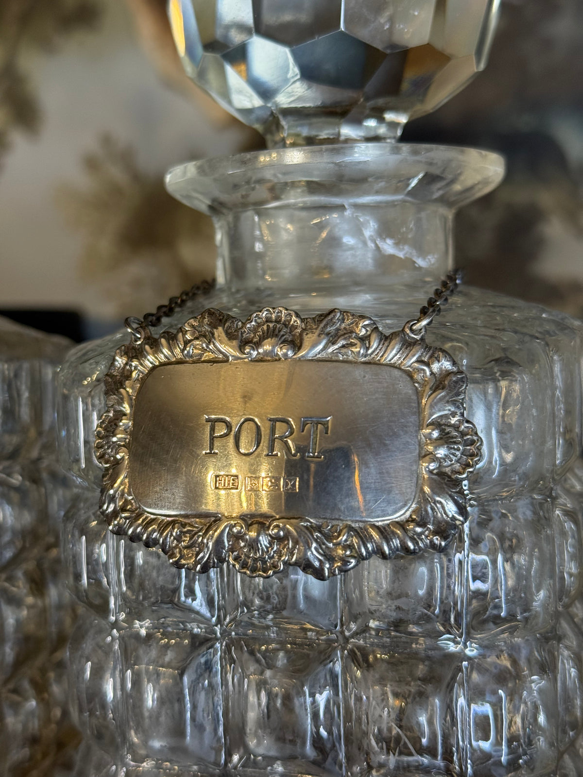 Antique English Oak Three-Bottle Tantalus W/ Cut Crystal Decanters, Sterling Silver Labels & Original Key, c.1900, 15” W x 13” H x 6.5” D