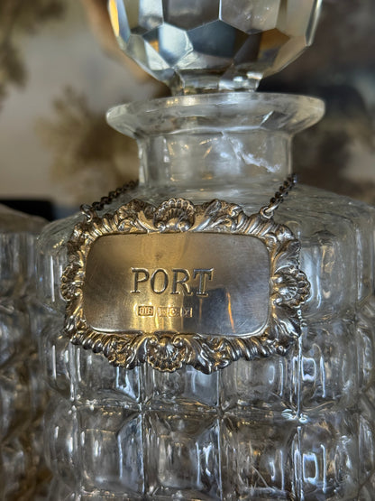 Antique English Oak Three-Bottle Tantalus W/ Cut Crystal Decanters, Sterling Silver Labels & Original Key, c.1900, 15” W x 13” H x 6.5” D