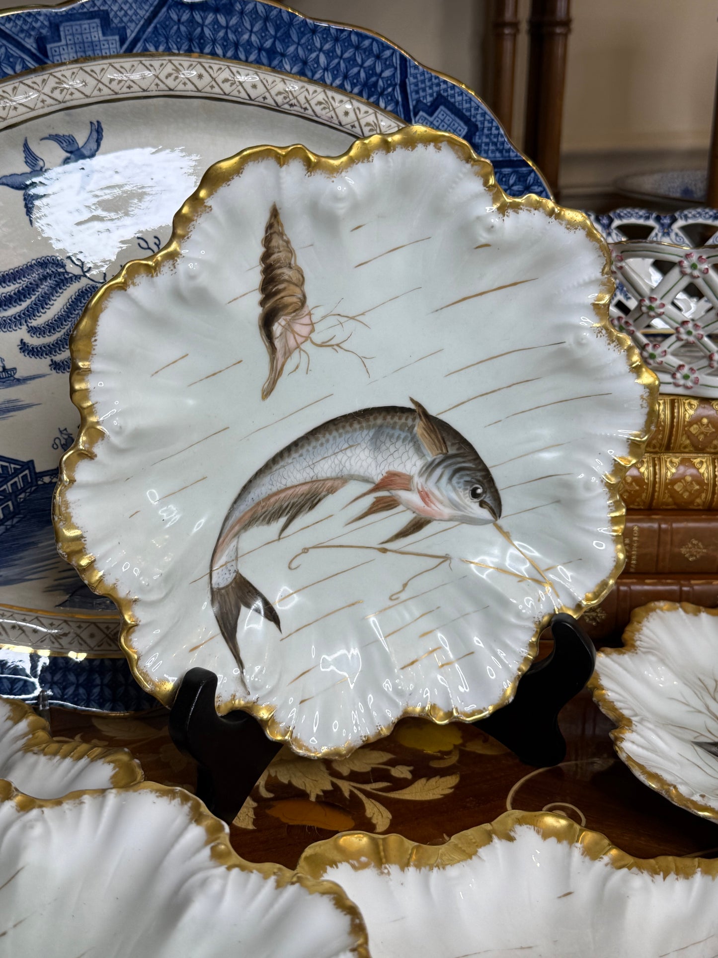 RESERVED - ANGIEFRIEND - Antique French Limoges Hand-Painted Fish Plates with Gilt Scalloped Rims | Set of 5 | 9”