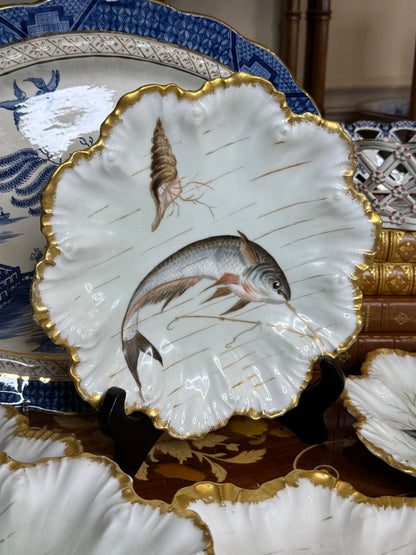 RESERVED - ANGIEFRIEND - Antique French Limoges Hand-Painted Fish Plates with Gilt Scalloped Rims | Set of 5 | 9”