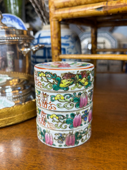Antique Chinese Famille Rose Stacking Box | Children & Double Happiness Motif | Qing Dynasty | 4” H × 3.5” D