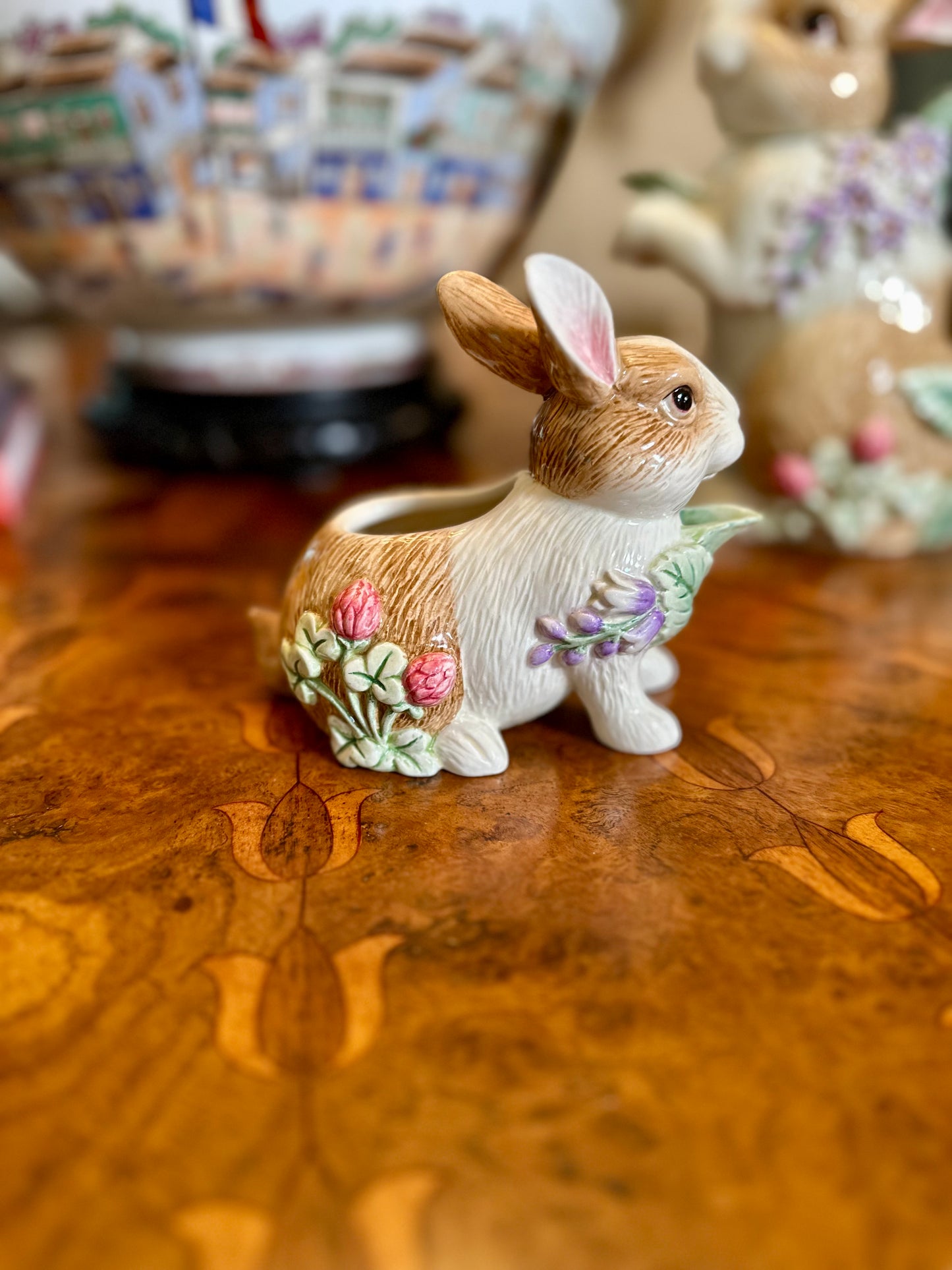 Adorable Fitz & Floyd “Botanical Bunny” Tea Service — Teapot, Lidded Sugar with Spoon & Creamer