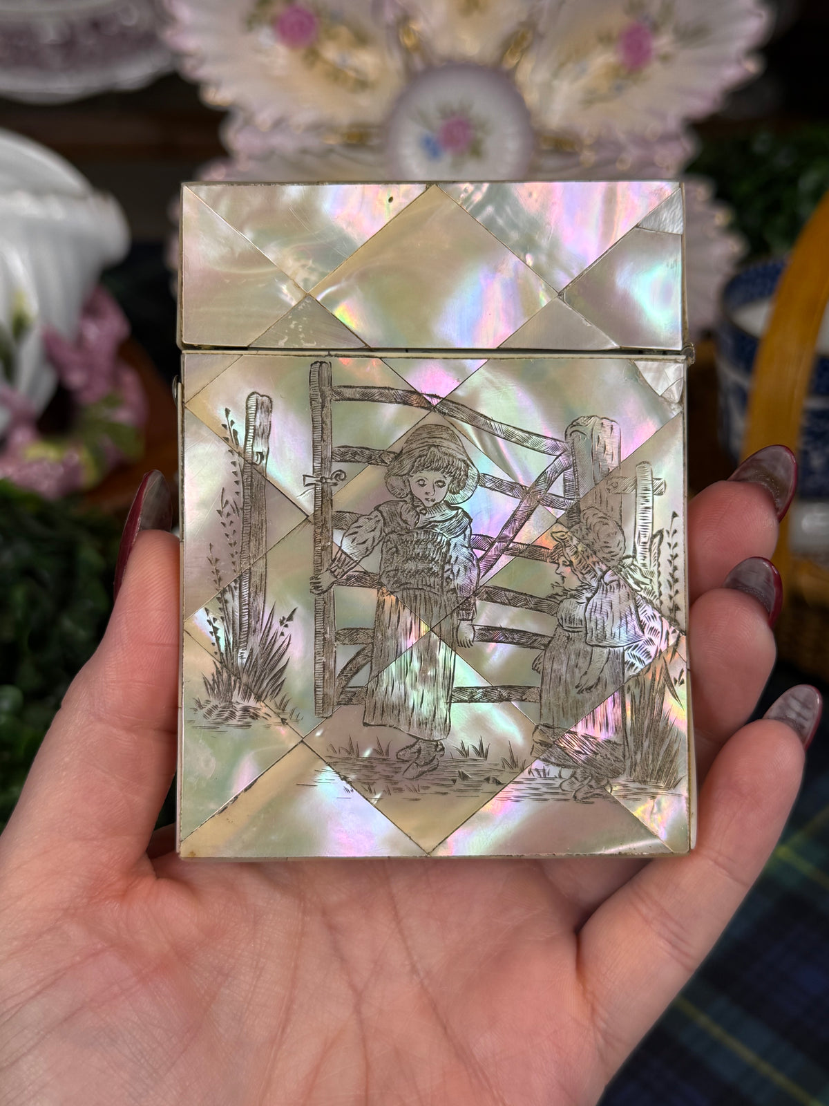 Antique Victorian Mother-of-Pearl Calling Card Case with Sterling Silver Cartouche | Harry F. Eastman Card | c. 1860–1890