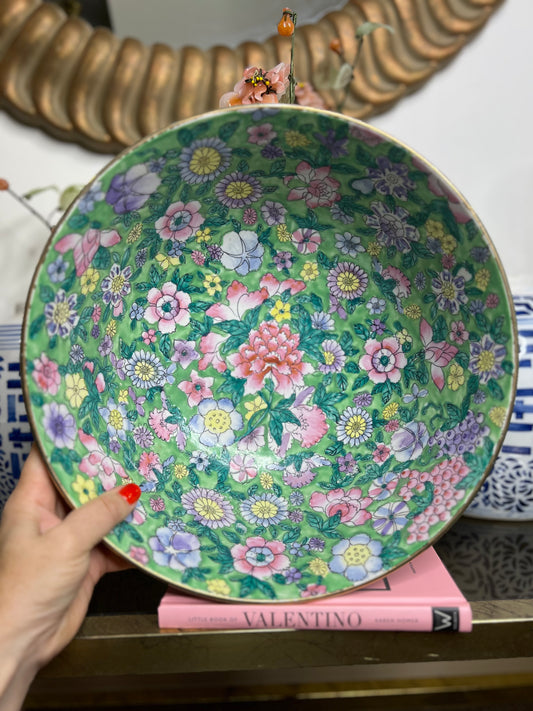 Huge Green Floral Chintz Chinoiserie Bowl
