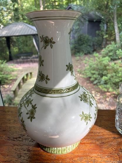 Stunning green, gold, and white vase featuring birds!