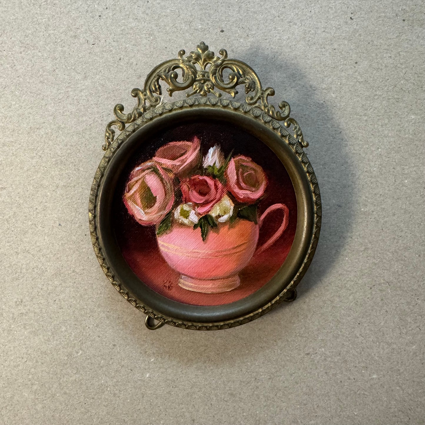Pink roses in pink cup original oil painting in antique frame
