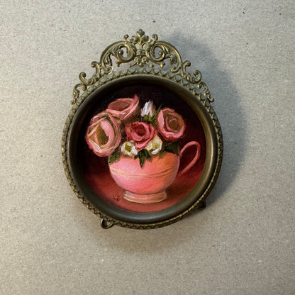 Pink roses in pink cup original oil painting in antique frame