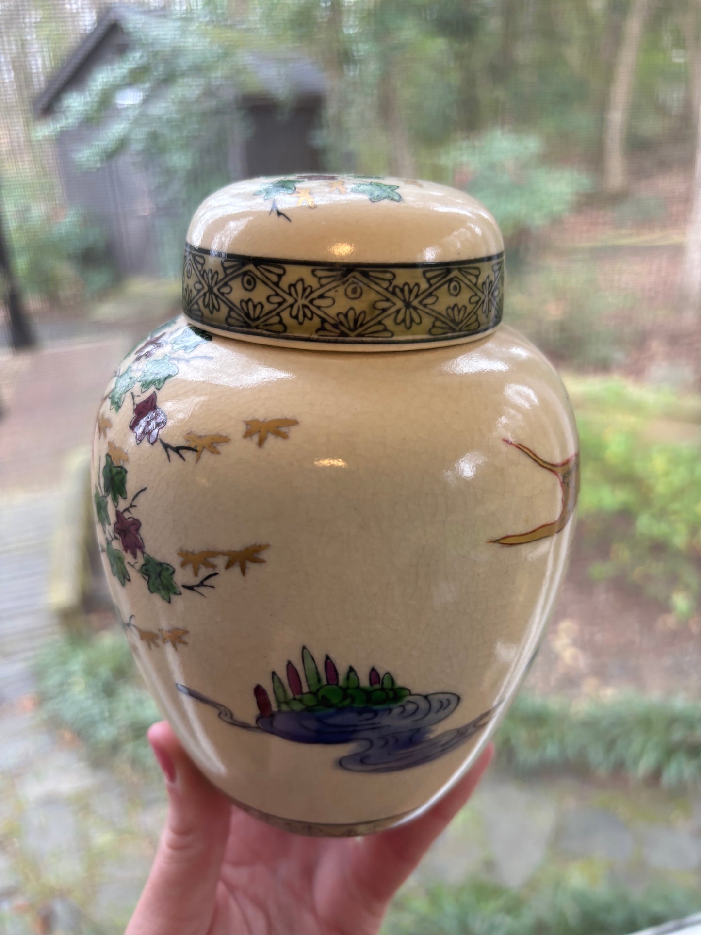 Lovely lidded ginger jar! Features birds, oriental scene, ship, and vibrant colors!