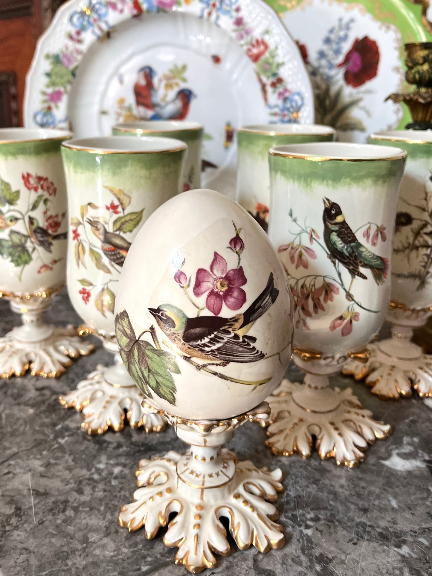 Romantic Antique Set Of 6 Hand Painted Porcelain Cups And Egg On Ornate Pedestal Base