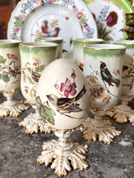 Romantic Antique Set Of 6 Hand Painted Porcelain Cups And Egg On Ornate Pedestal Base