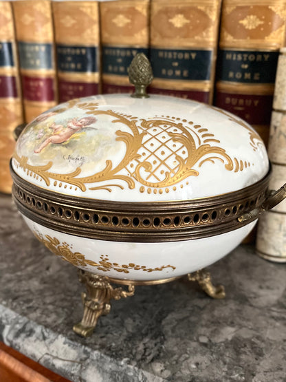 Antique French Porcelain Covered Bonbonnière with Hand-Painted Cherubs & Gilt Mounts - Signed