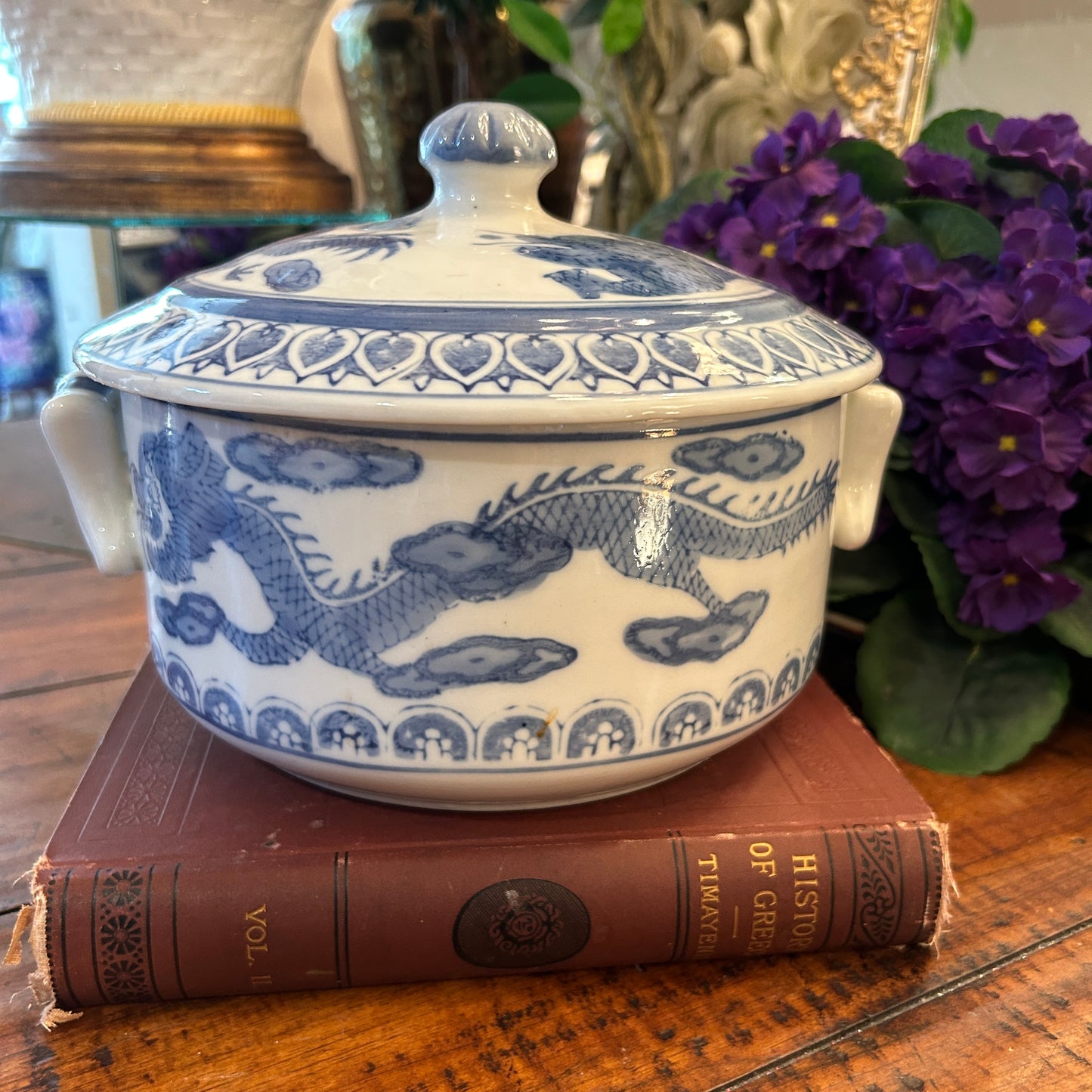 Vintage blue and white dragon chinoiserie lidded dish