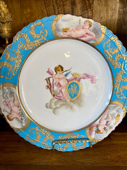 Gorgeous Pair of Cherub 11” Charger Hand Painted Gilt Charger Plates