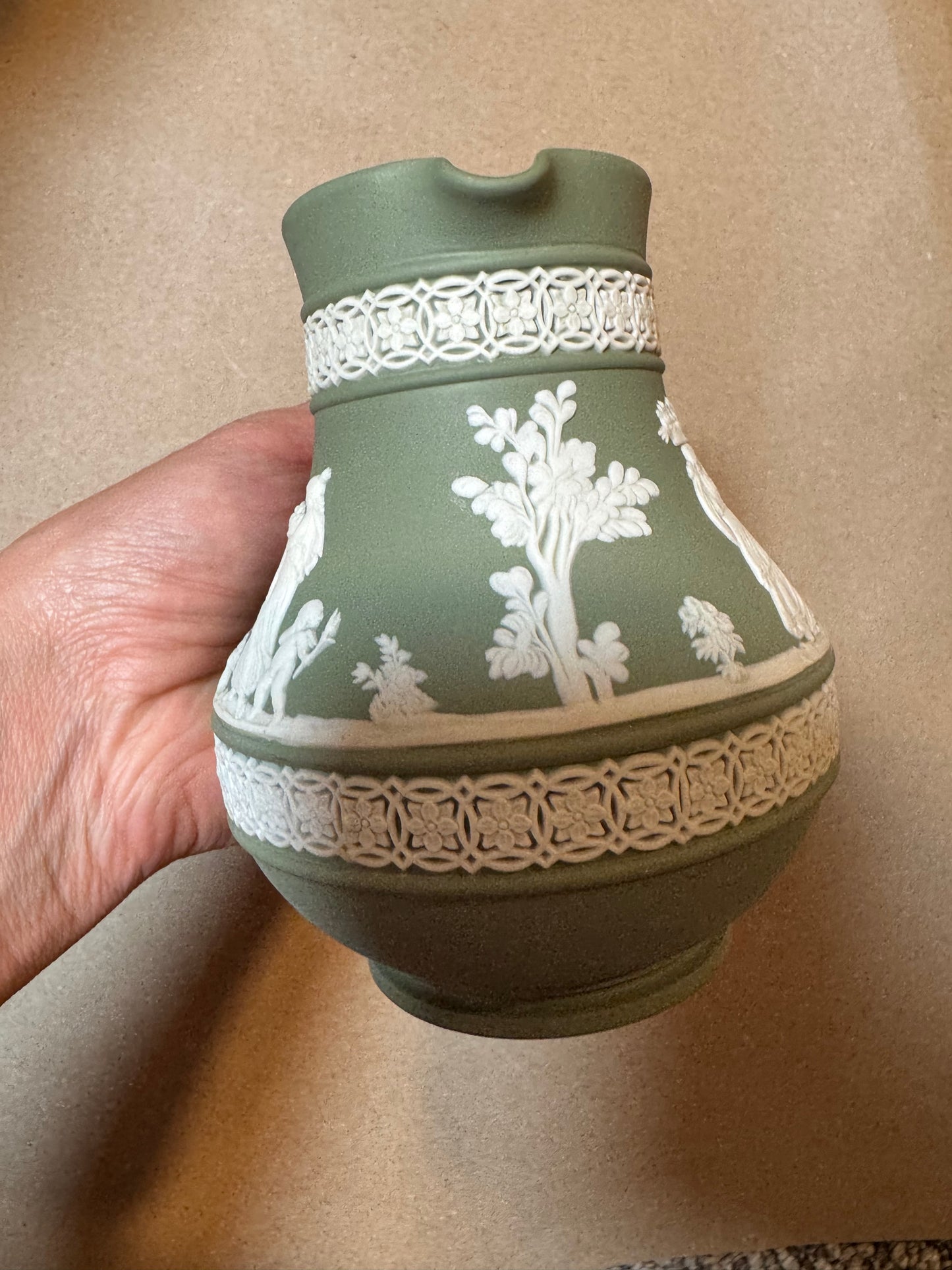 Live 06/15 sage green Wedgwood pitcher has repair