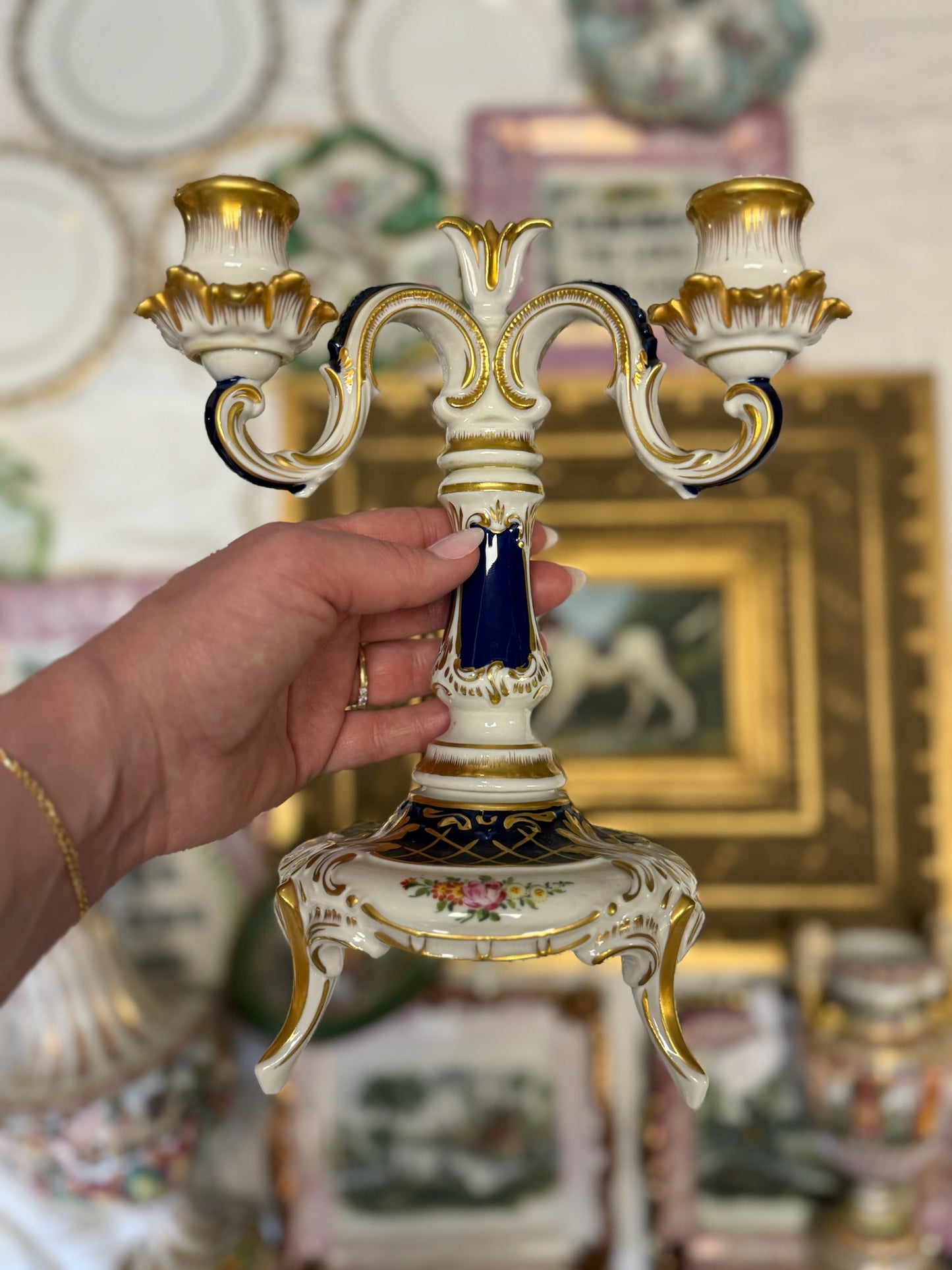 WCCR Charitable Item #129 | Dresden Hand-Painted Porcelain Three-Arm Candelabra | Rococo Revival | 22K Gold | 9.5”