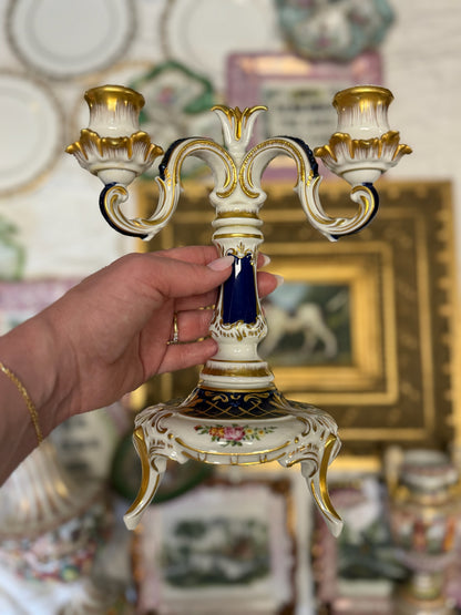 WCCR Charitable Item #129 | Dresden Hand-Painted Porcelain Three-Arm Candelabra | Rococo Revival | 22K Gold | 9.5”