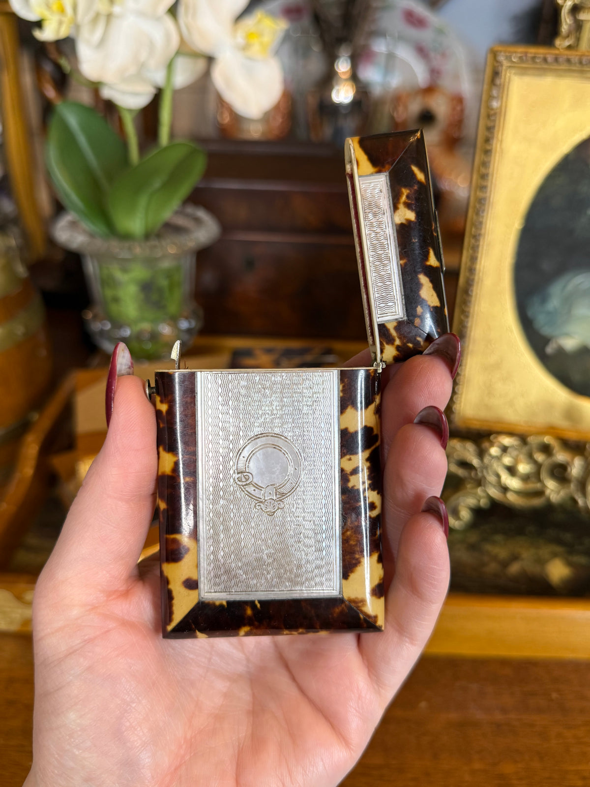Antique Victorian TShell🐢🤎 Calling Card Case | Carved Mother-of-Pearl & Sterling Silver Panel | Red Velvet Interior | 3.5” × 2.25”