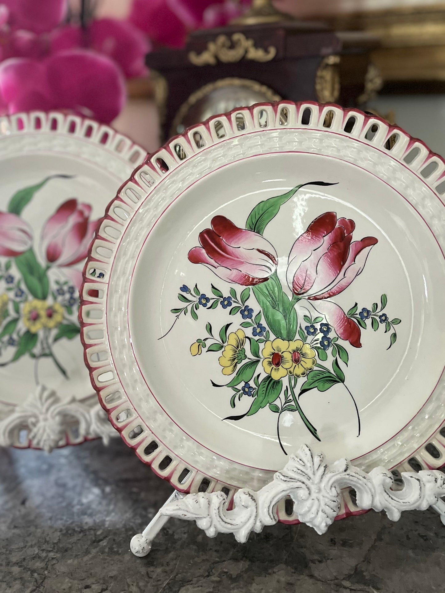 Live 06/09 Antique French Faience Reticulated Tulip Plates Set Of 2