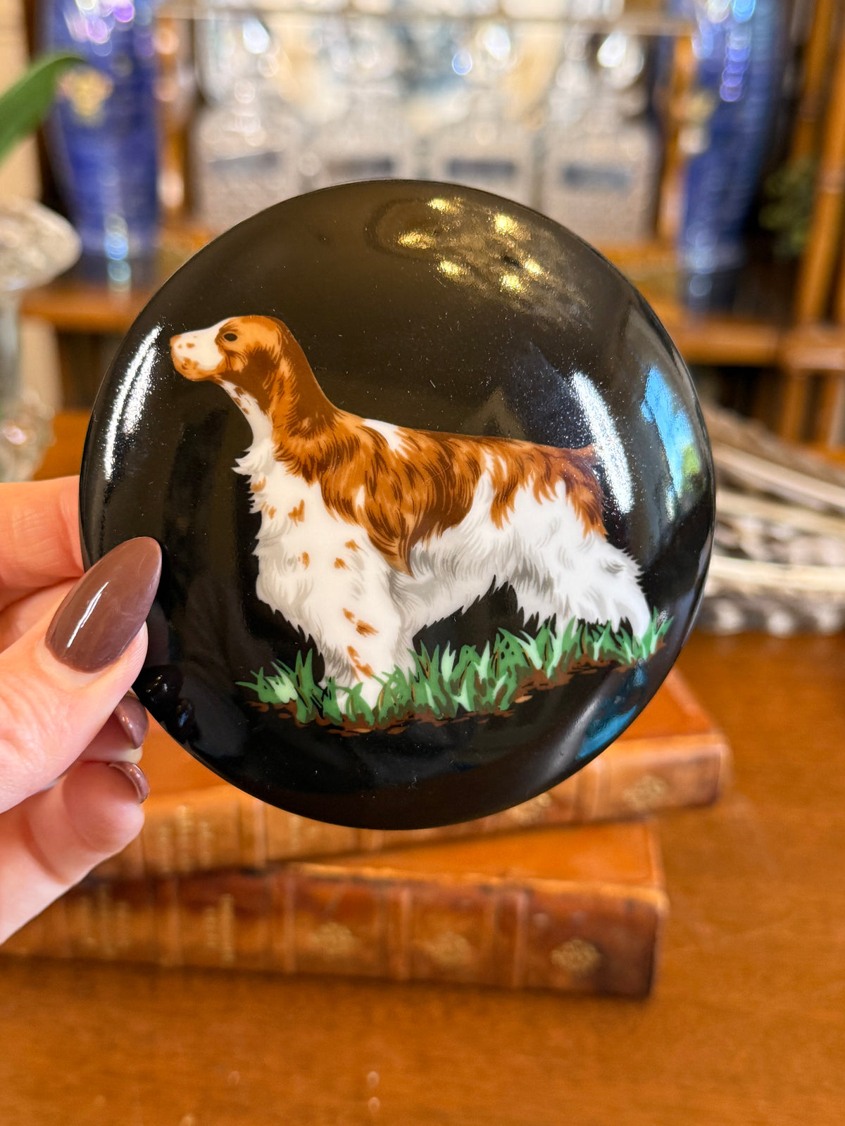 RESERVED - CGHOLL - Vintage Tiffany & Co. “Hunting Dogs” Porcelain Round Trinket Box, Black Sporting Dog Motif, 1992, 4” D