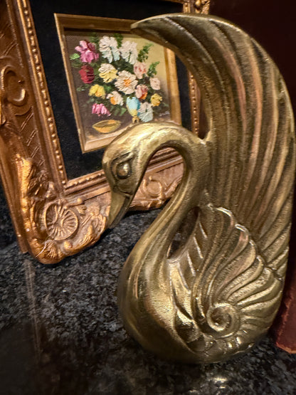 Pair of Vintage Gorgeous Hollywood Regency Brass Swan Book Ends