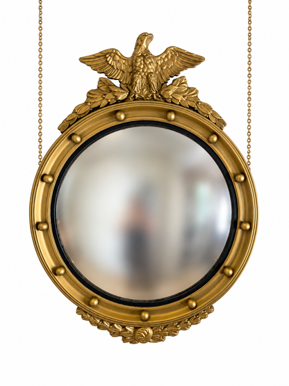 Vintage Federal Style Gilt Wood Convex Eagle Mirror | Gold Bullseye Mirror with Eagle & Laurel Crest | 28.5” H × 21.25” W