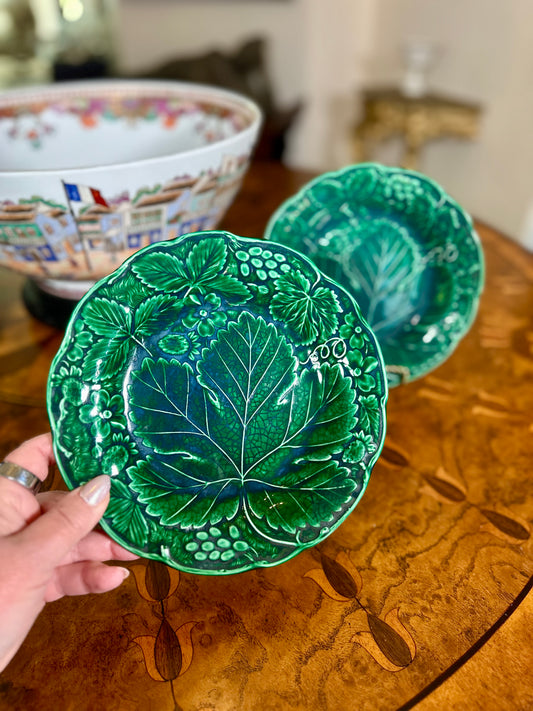 Antique Victorian Green Majolica Strawberry Leaf Plates | Pair