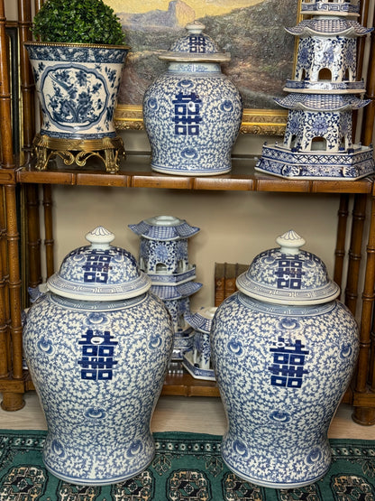 Danny’s Fine Porcelain: Classic Double Happiness Blue & White Lidded Ginger Jar, 19.75” Tall