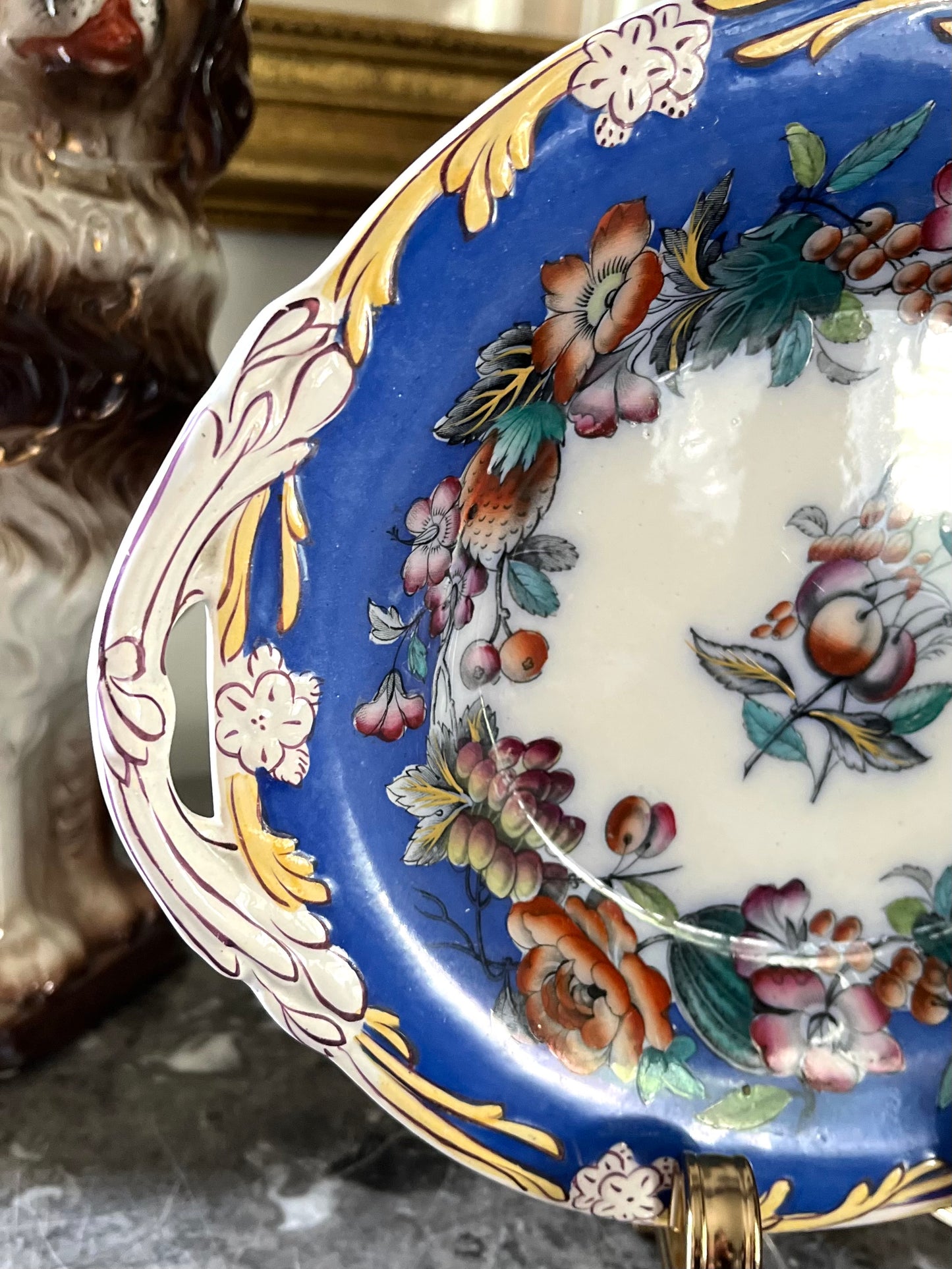 RESERVED - AMYLEA - Live 06/29 Antique Davenport Porcelain Dessert Dish · Cobalt Floral And Fruit · c. 1854 Registered Design