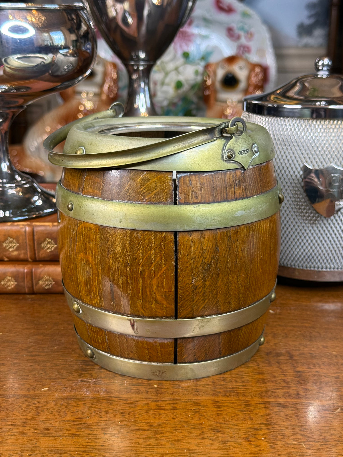 Antique English Oak Biscuit Barrel with EPNS Silver Plate & Ceramic Liner, c. 1890–1910 – 6.5”H