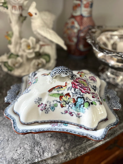 Live 07/28 Stunning Early Ashworth Bros Lidded Vegetable Dish - Footed With Florals/Birds/Contrasting Handles And Trim - Original Ribbon Mark 1860’s