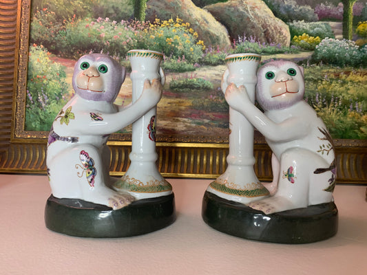 Beautiful Wong Lee monkeys with butterfly and birds candleholders pair (2)! Excellent condition!