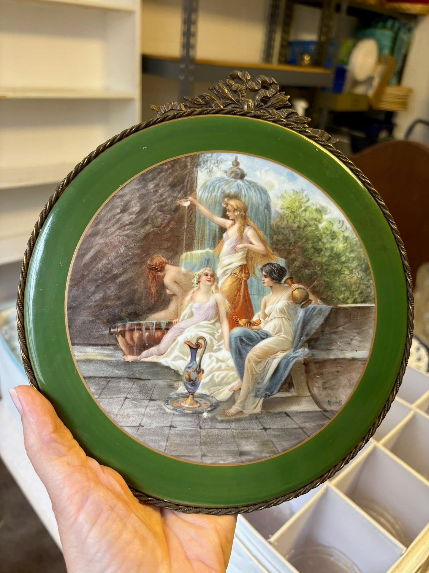 WCCR Charitable Item #160 | Antique Limoges Hand-Painted Round Porcelain Plaque with Ormolu Mount | Four Bathing Maidens | 8" x 9"