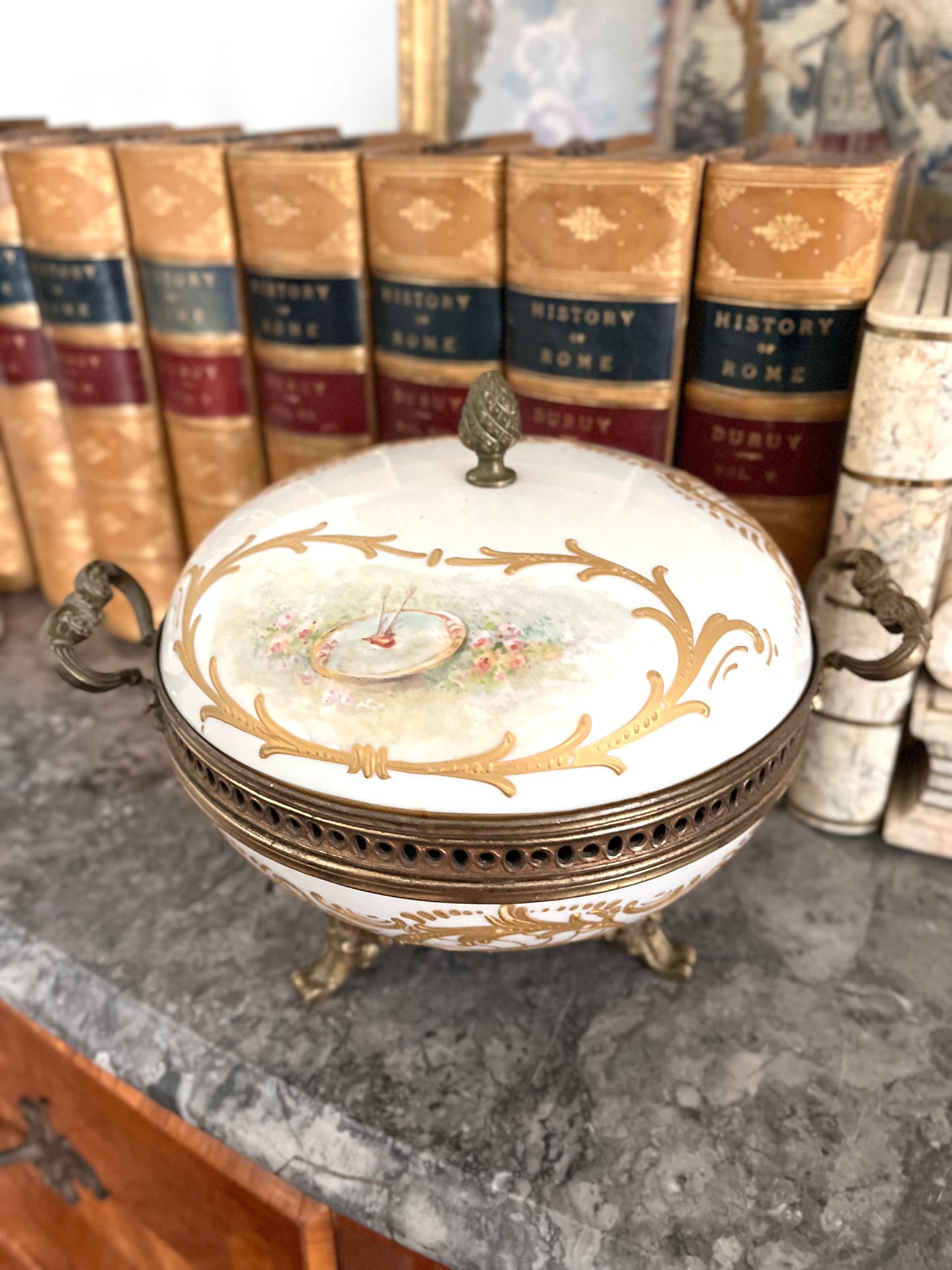 Antique French Porcelain Covered Bonbonnière with Hand-Painted Cherubs & Gilt Mounts - Signed