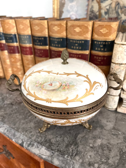Antique French Porcelain Covered Bonbonnière with Hand-Painted Cherubs & Gilt Mounts - Signed