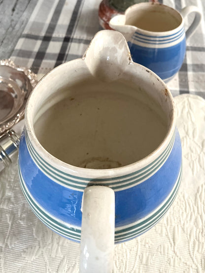 Live 09/15 Antique Tricolor Banded Mochaware Pitcher| 19th c. Blue, Green & Cream Striped Jug