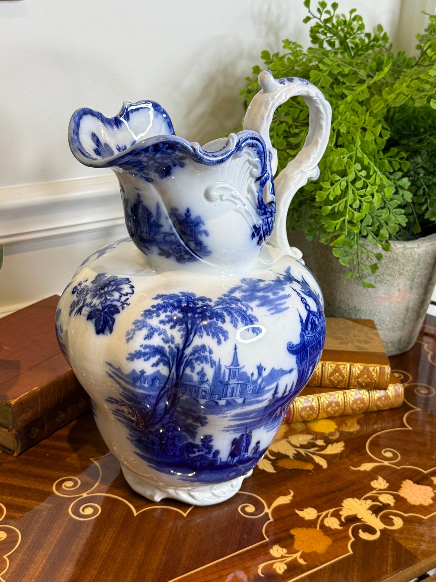RESERVED - MOLLIEORRBRITTON - Antique ROYAL DOULTON "MADRAS" English Blue & White Transferware Wash Pitcher | Chinoiserie Ewer | 14”